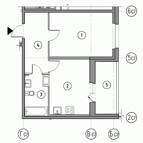Однокомнатная квартира 46.4 м²