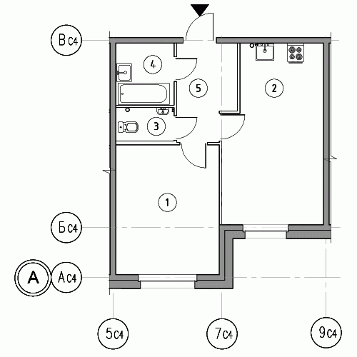 Однокомнатная квартира 45.6 м²