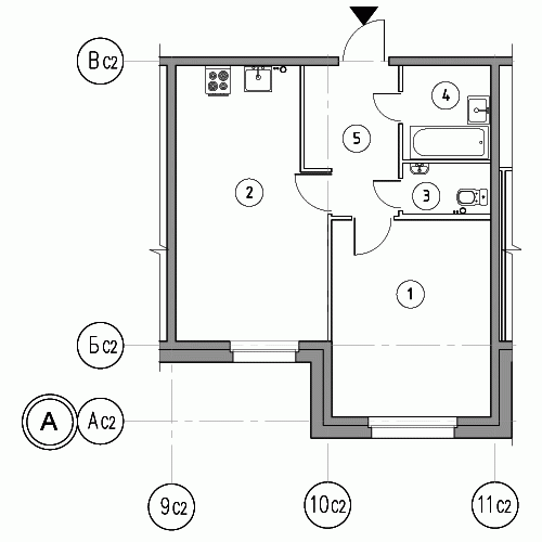 Однокомнатная квартира 45.6 м²