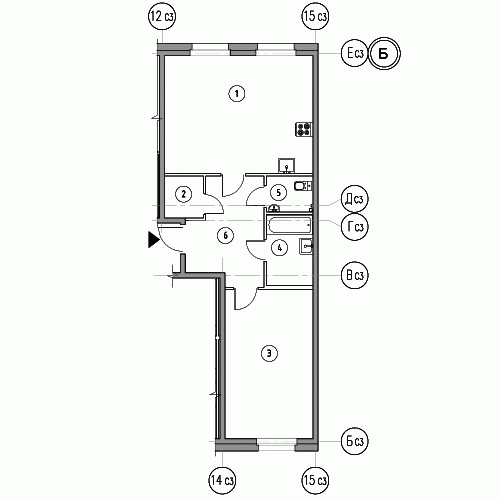 Однокомнатная квартира 62.4 м²