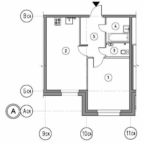 Однокомнатная квартира 45.6 м²